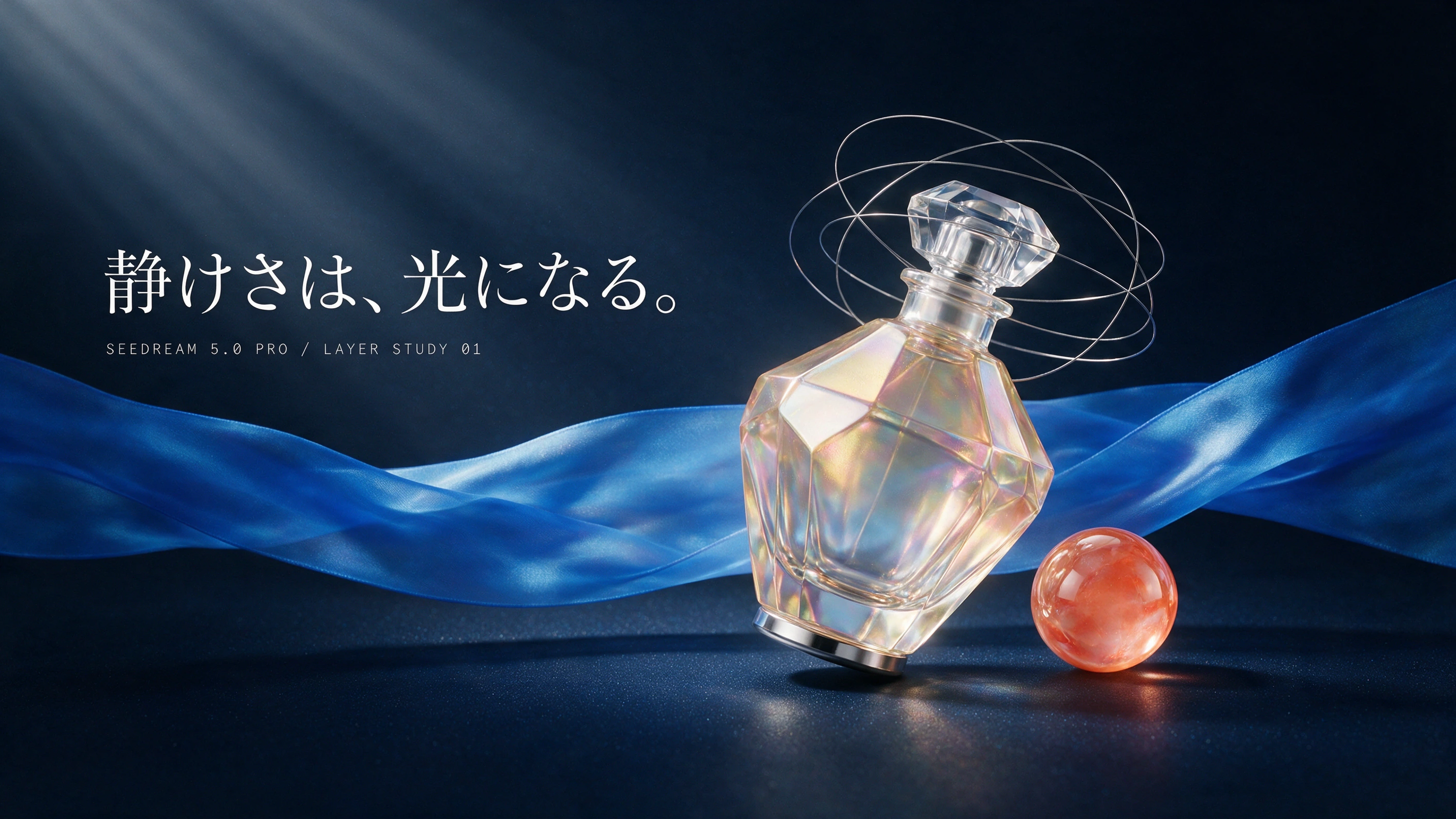 「静けさは、光になる。」と香水ボトルを配した Seedream 5.0 Pro の日本語キービジュアル